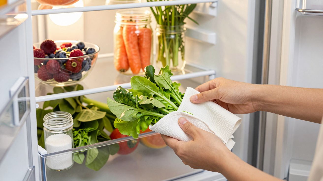 Mãos seguram legumes frescos em frente a um frigorífico aberto com frutas e vegetais em prateleiras.