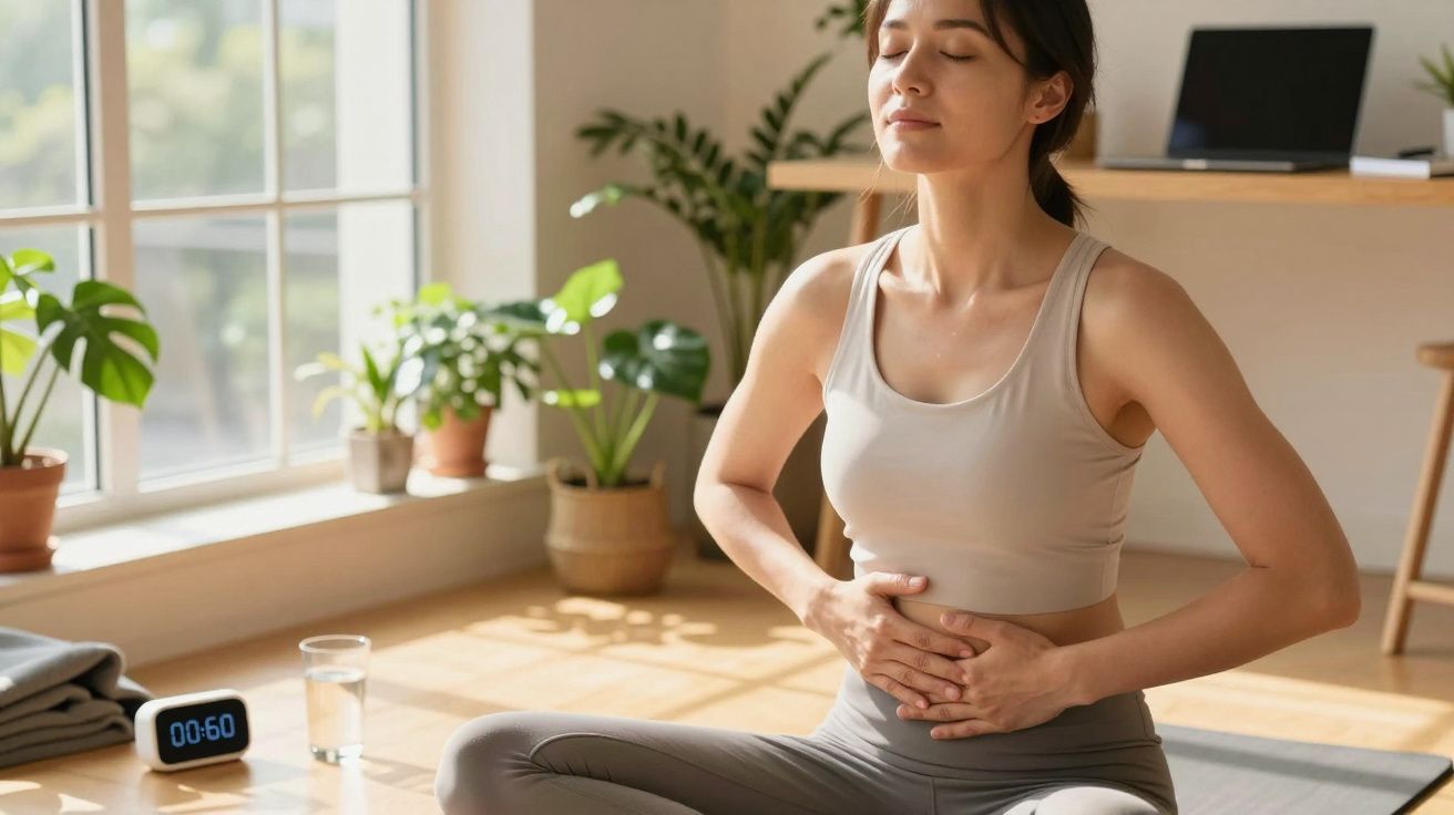 Mulher faz meditação sentada no chão de uma sala iluminada, rodeada por plantas e objetos.