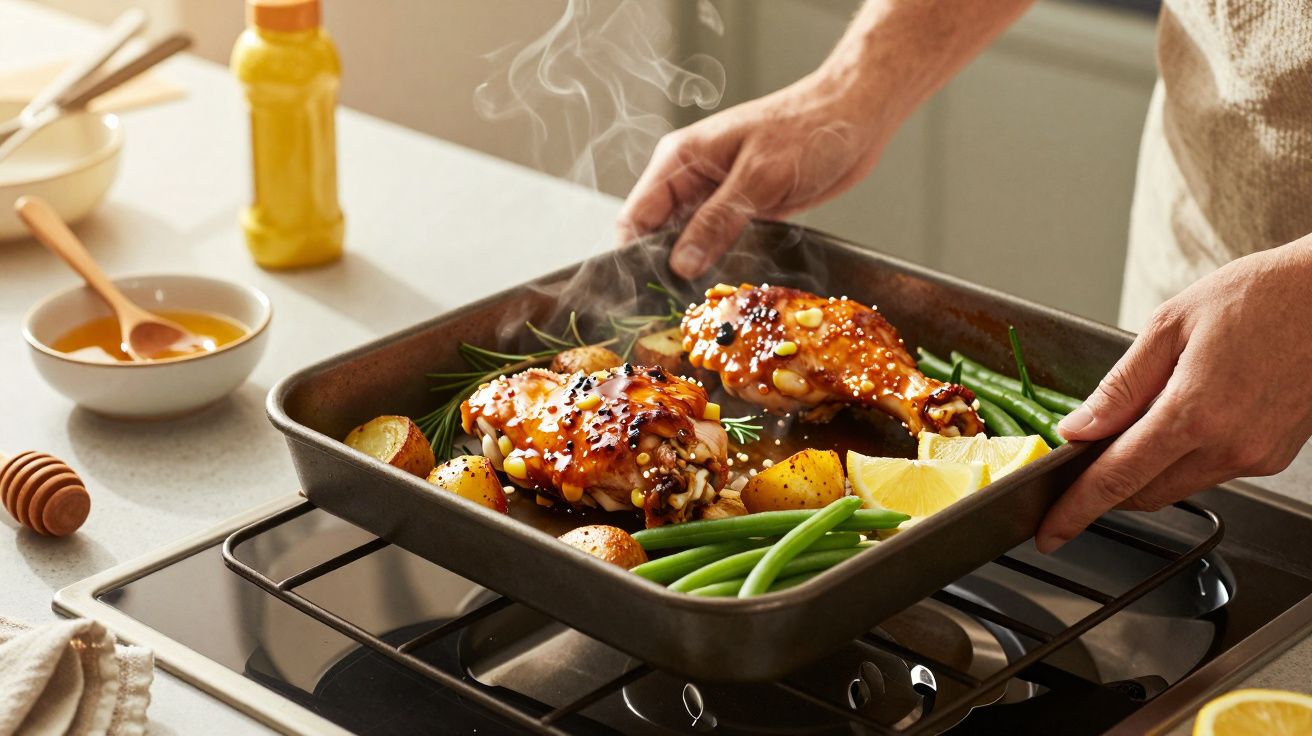 Pessoa a segurar tabuleiro com frango assado, batatas, feijão-verde, fatias de limão, em cima de fogão.