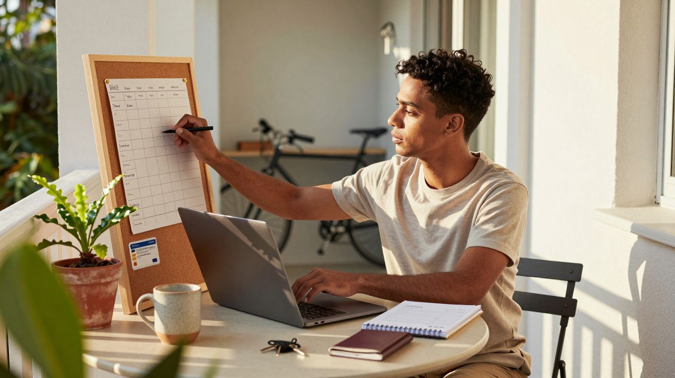 Homem escreve num calendário ao ar livre, com um portátil, caderno e chávena na mesa. Uma bicicleta está ao fundo.