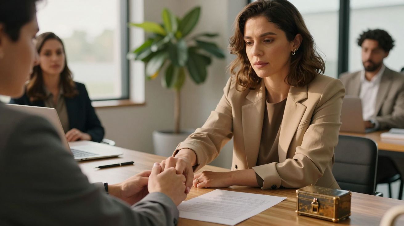 Mulher séria em reunião segura mãos de homem em escritório, com documentos na mesa e pessoas ao fundo.