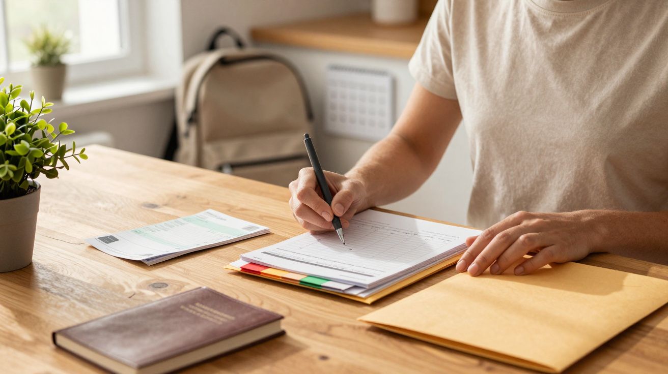 Pessoa a escrever em papéis na mesa, ao lado de livro e planta, com uma mochila ao fundo.