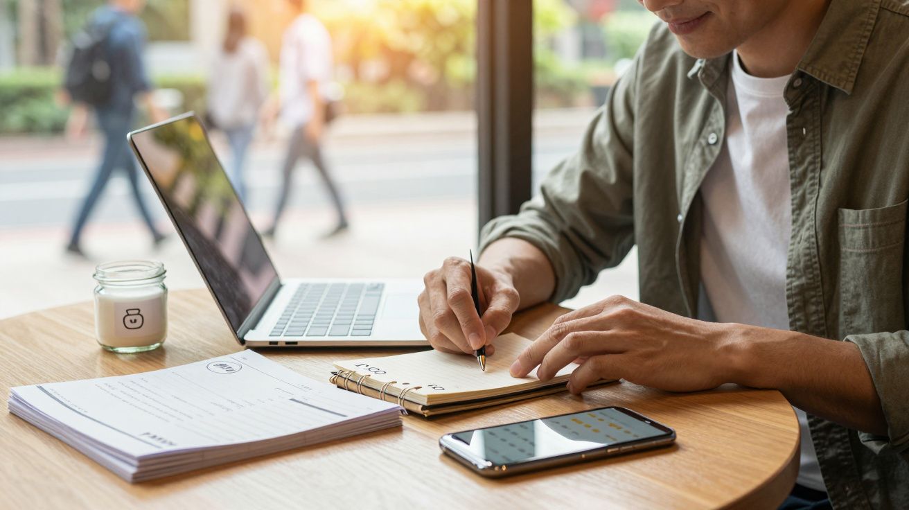 Pessoa escreve num bloco de notas junto a um portátil numa mesa de madeira, com um telemóvel e um copo ao lado.