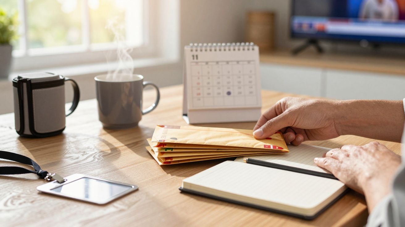 Mãos segurando envelopes sobre mesa com chávena, caderno, calendário e telemóvel.