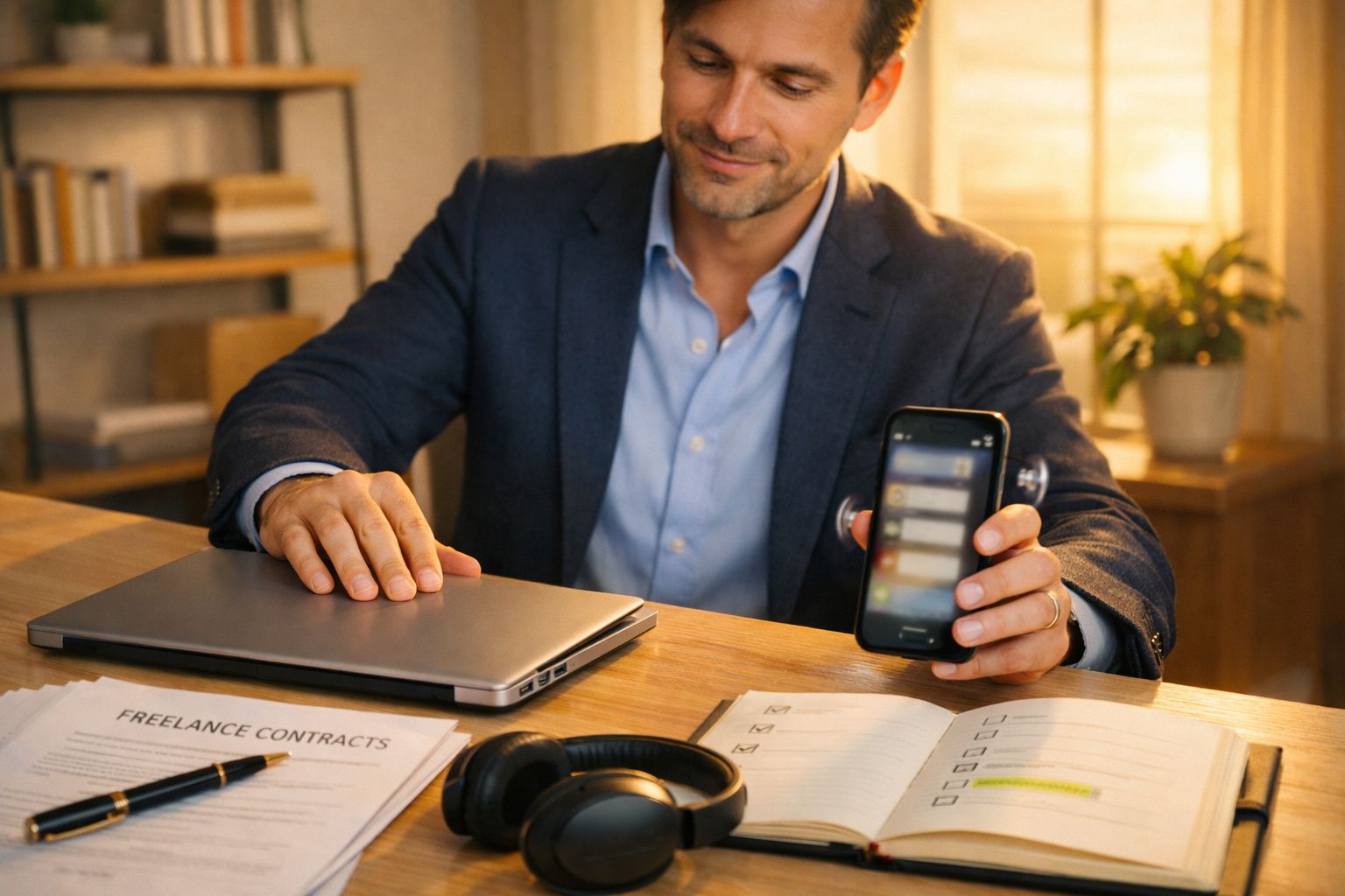 Homem a escrever num bloco de notas, com computador portátil e gráfico ao lado. Pessoas ao fundo a trabalhar.
