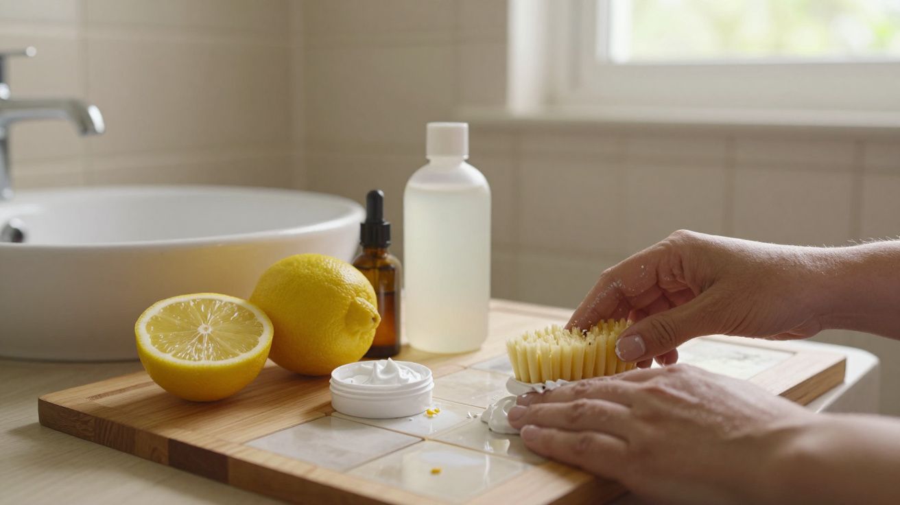 Mãos preparando uma escova num balcão, com limões, frascos e lavatório ao fundo.