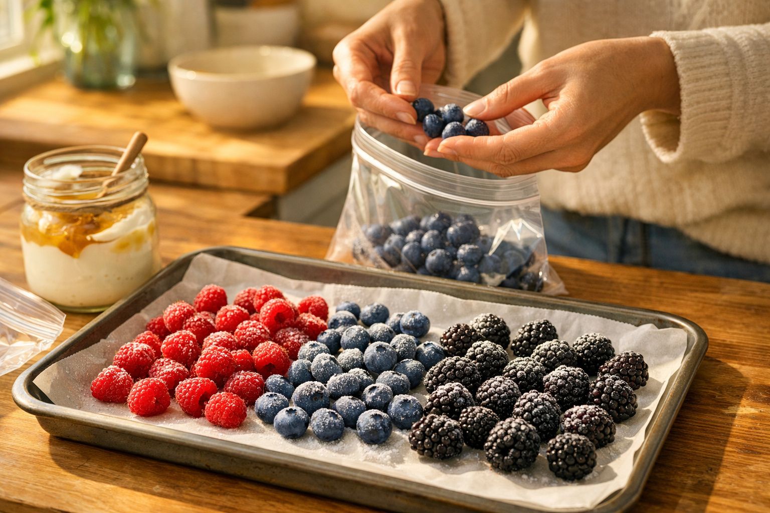 Mãos colocando amoras e morangos numa bandeja num forno. Taça de bagas e saco ao fundo.