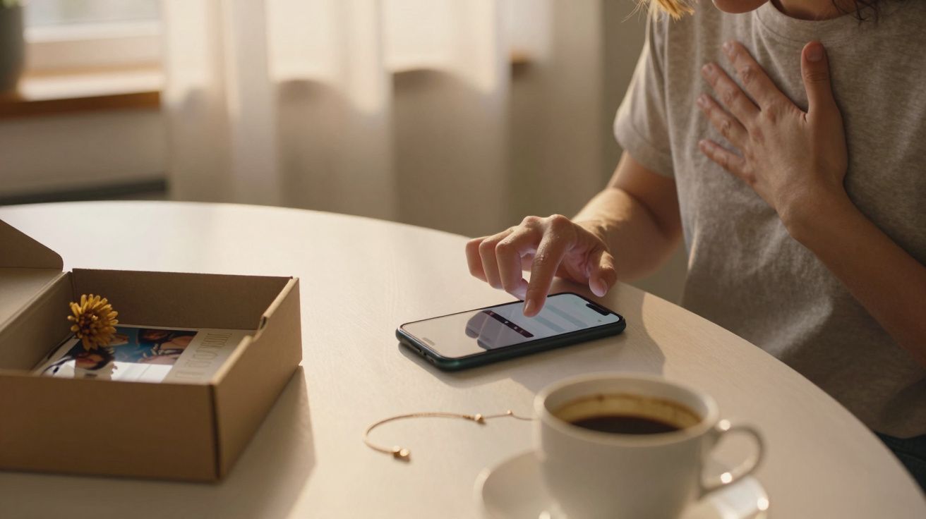 Mulher toca em smartphone numa mesa com caixa aberta, pulseira e chávena de café.