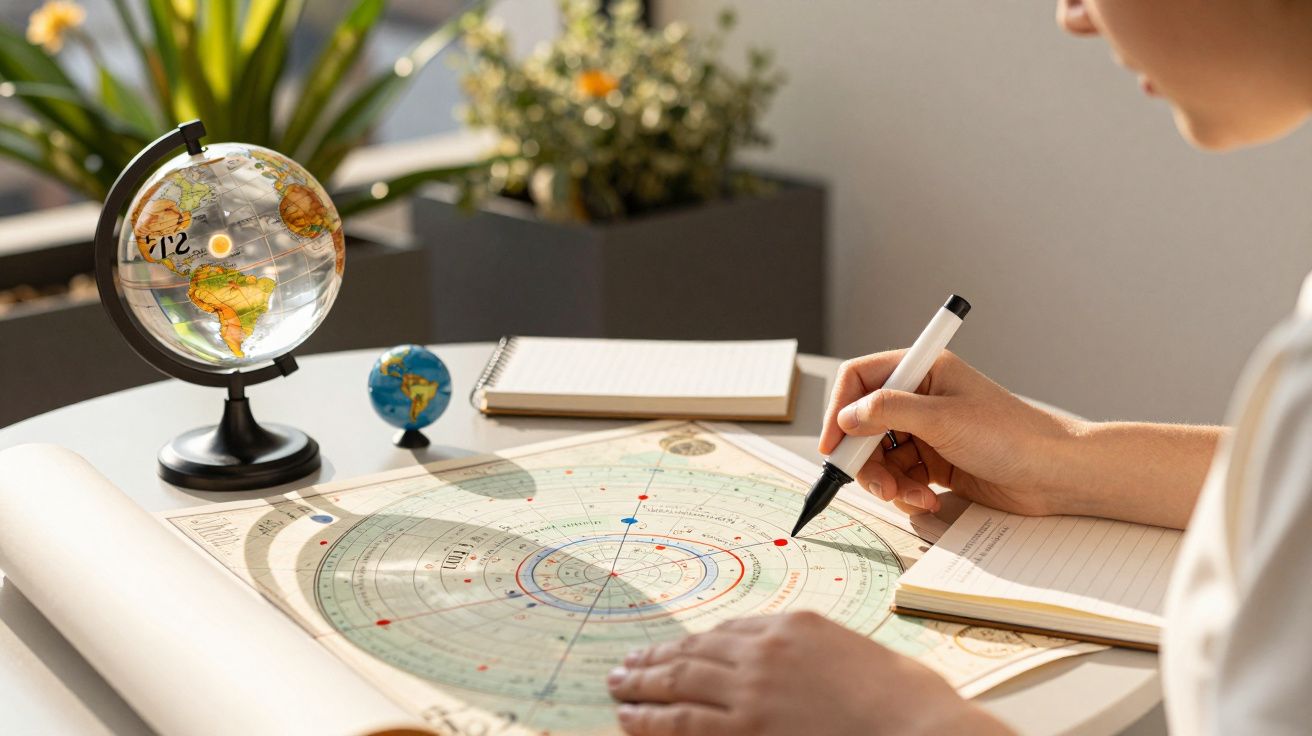 Pessoa estudando mapa planetário em mesa com globo terrestre e caderno, plantas ao fundo.