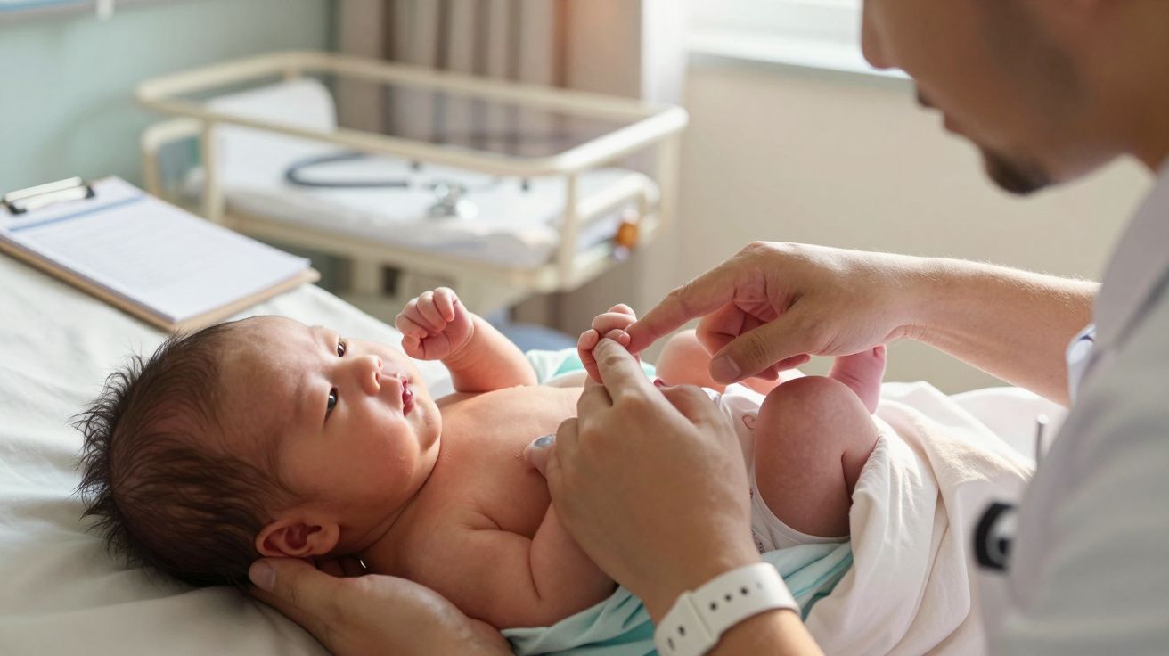 Médico interage com um recém-nascido deitado numa cama hospitalar, enquanto segura suas mãos delicadamente.