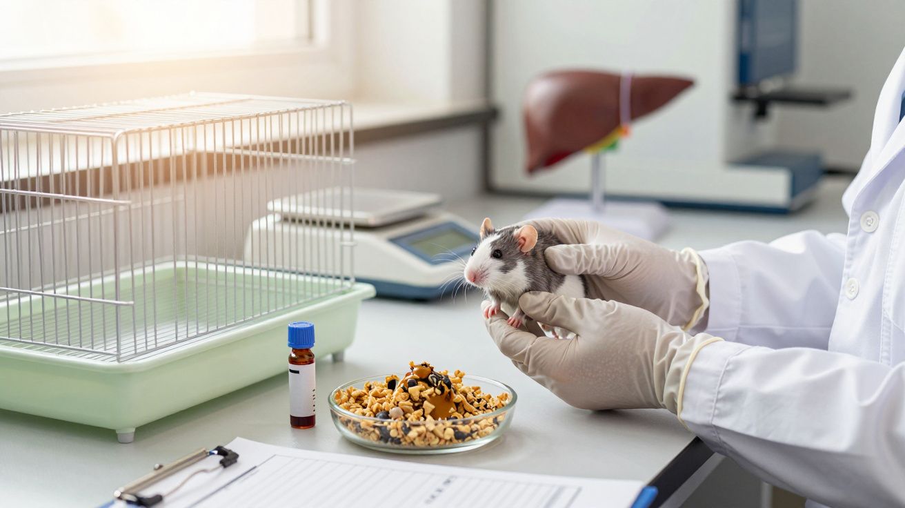 Cientista em laboratório segurando rato com luvas, perto de jaula, comida e tubo de ensaio.