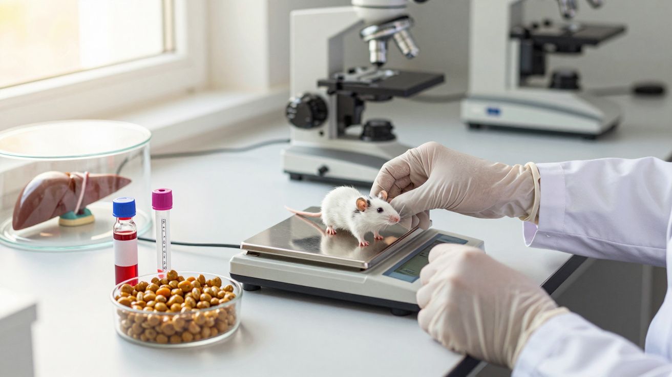 Pessoa a pesar um rato em laboratório com amostras ao lado e microscópio ao fundo.