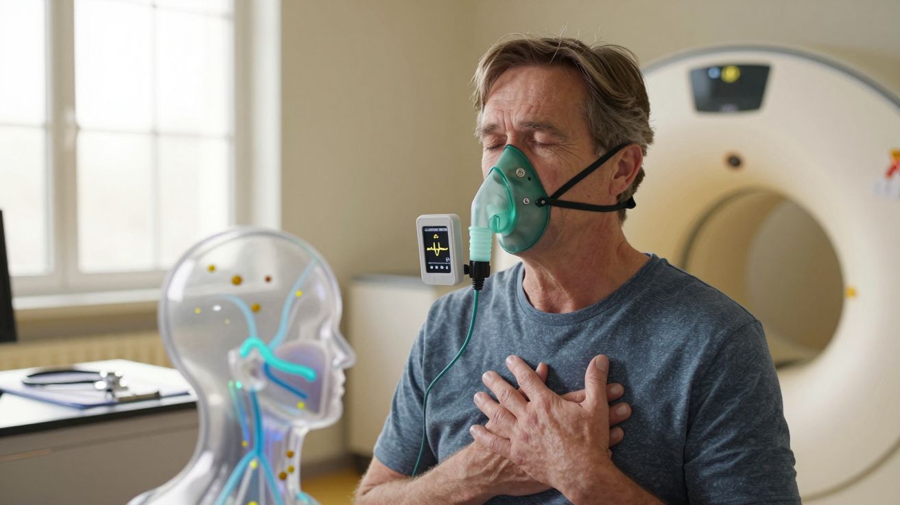 Homem com máscara de oxigénio, mãos no peito, ao lado de uma estrutura anatómica iluminada e equipamento médico.