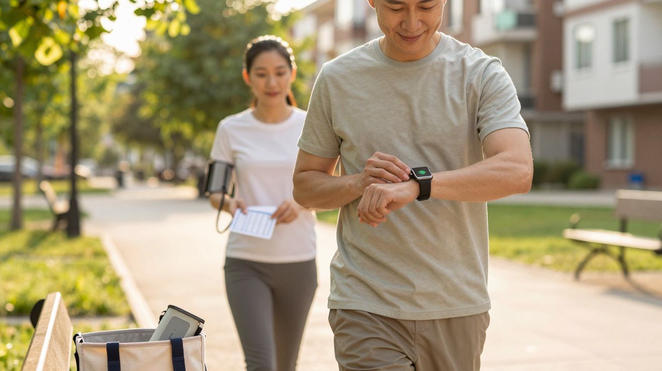 Homem verifica relógio durante corrida ao ar livre, com mulher ao fundo e sacola em banco próximo.