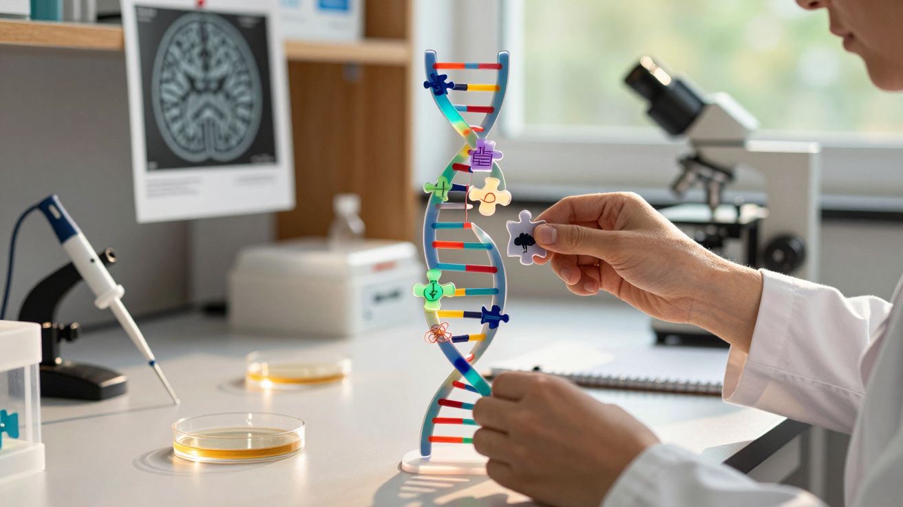 Pessoa montando modelo de ADN com peças coloridas em laboratório, microscópio ao fundo.