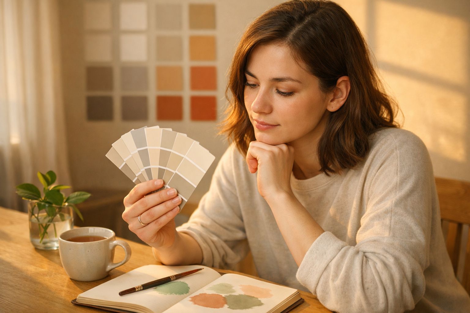 Mulher sentada no sofá, escolhendo cores de amostras de tinta, mesa com plantas e tintas ao lado.