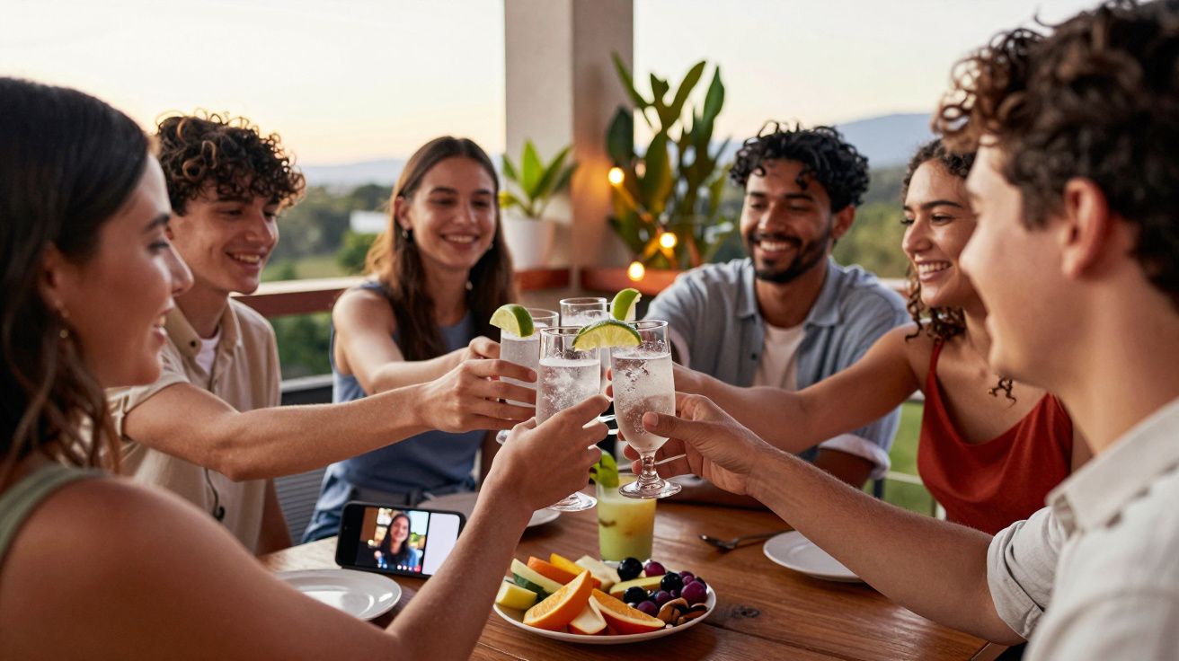 Grupo de amigos a brindar sorridentes numa varanda, com frutas na mesa e telemóvel a transmitir vídeo.