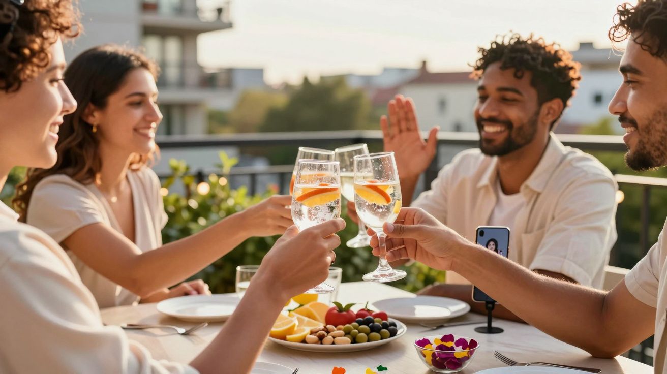 Quatro pessoas brindando num terraço ensolarado com copos de bebida, ao redor de uma mesa com frutas e aperitivos.