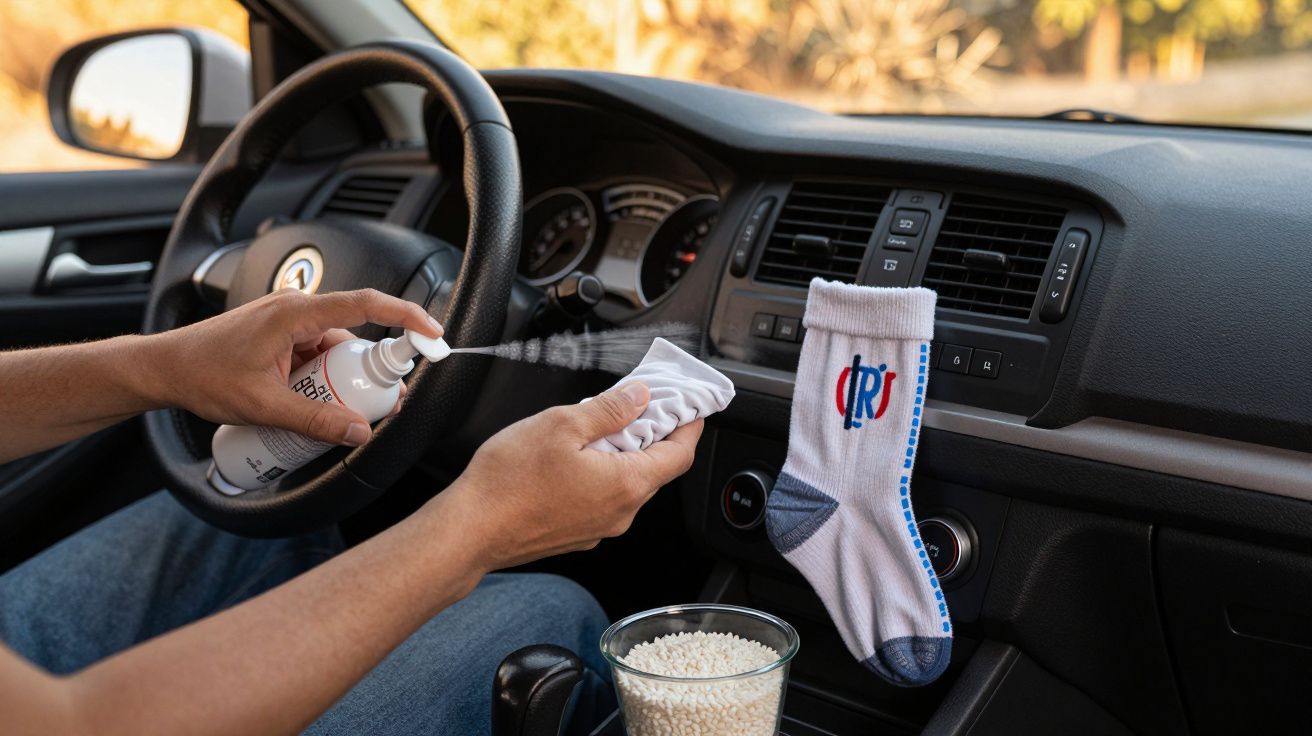 Pessoa aplica spray num pano dentro de um carro; meia pendurada no tablier e recipiente com grãos na consola.