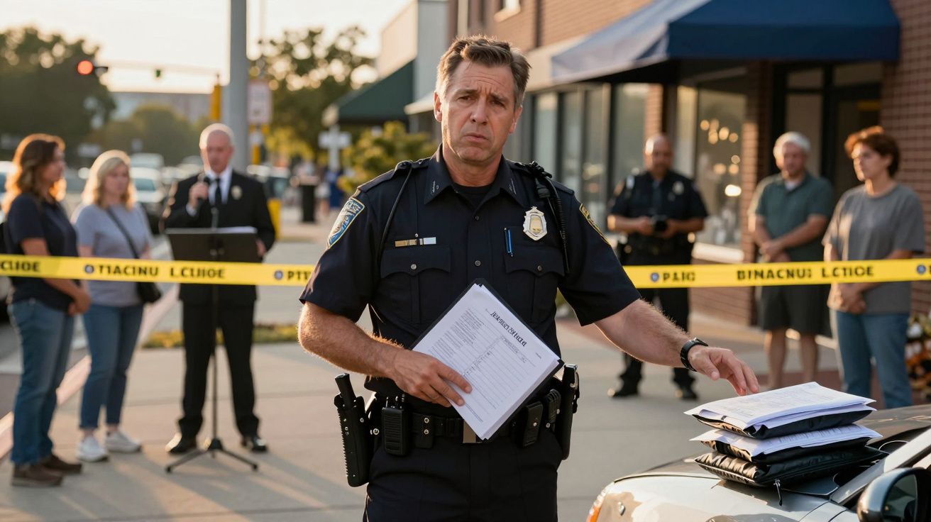 Polícia com documentos numa rua vedada por fita amarela, pessoas observam ao fundo.