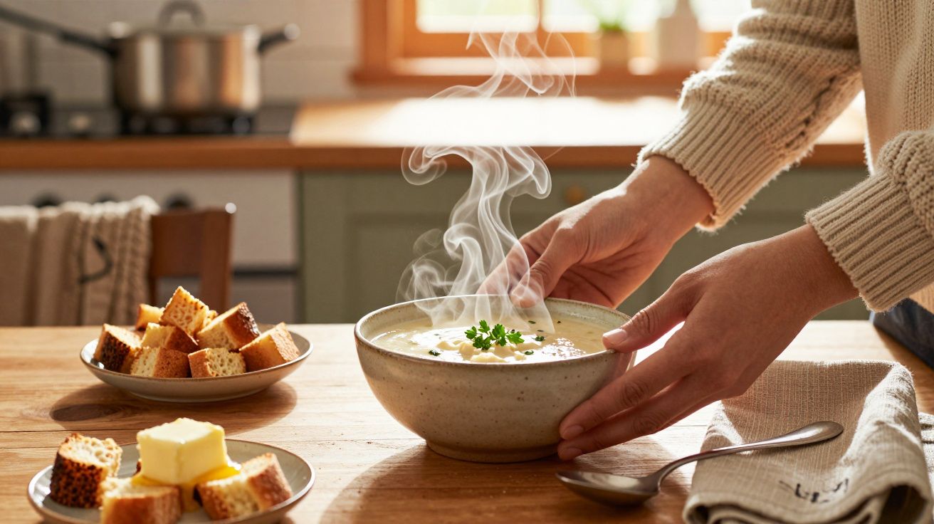 Pessoa servindo sopa quente numa tigela grande, com vapor. Ao lado, pão e manteiga sobre a mesa de madeira.