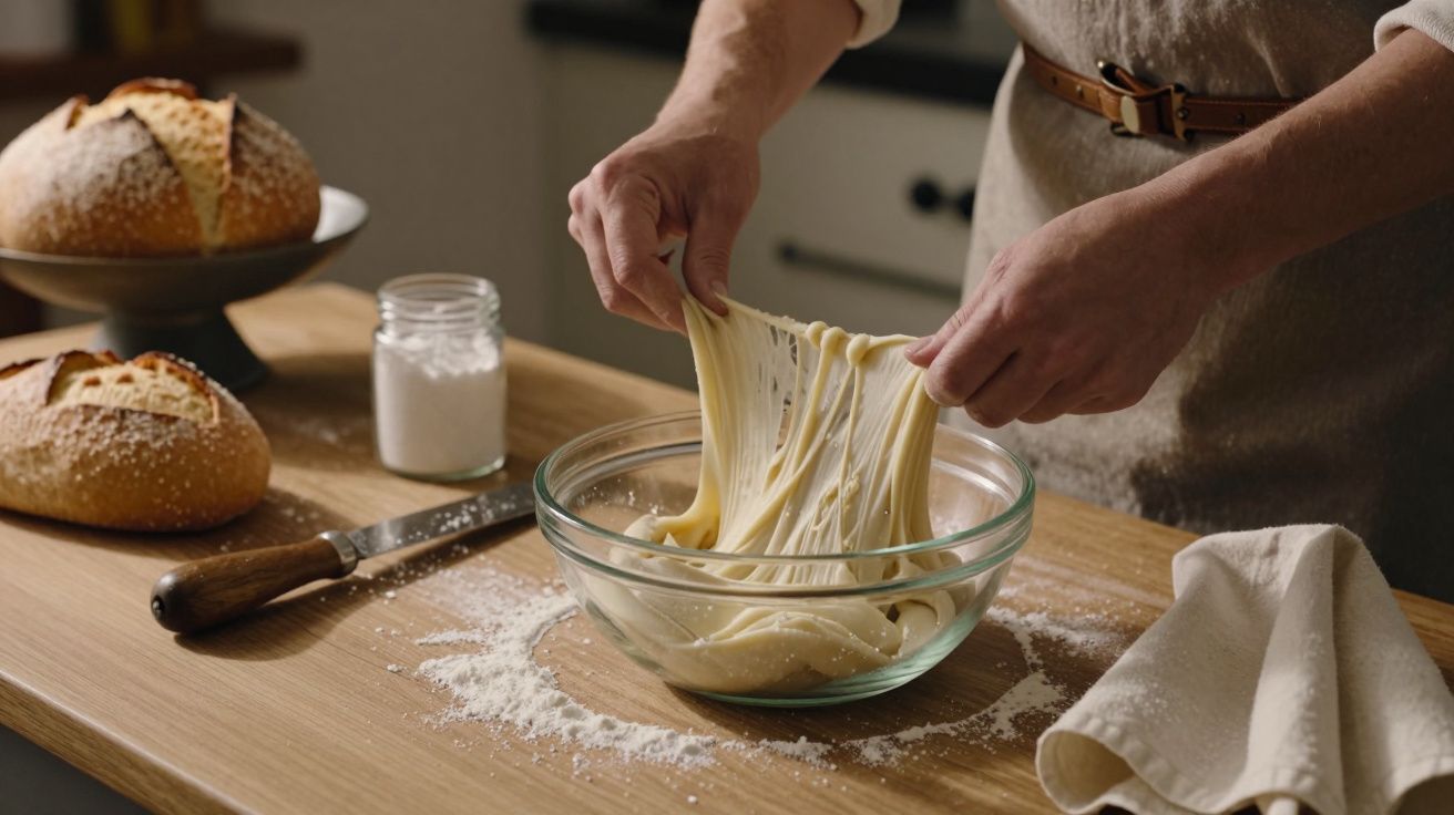 Pessoa a preparar massa numa tigela de vidro numa cozinha, com pães e ingredientes ao fundo.