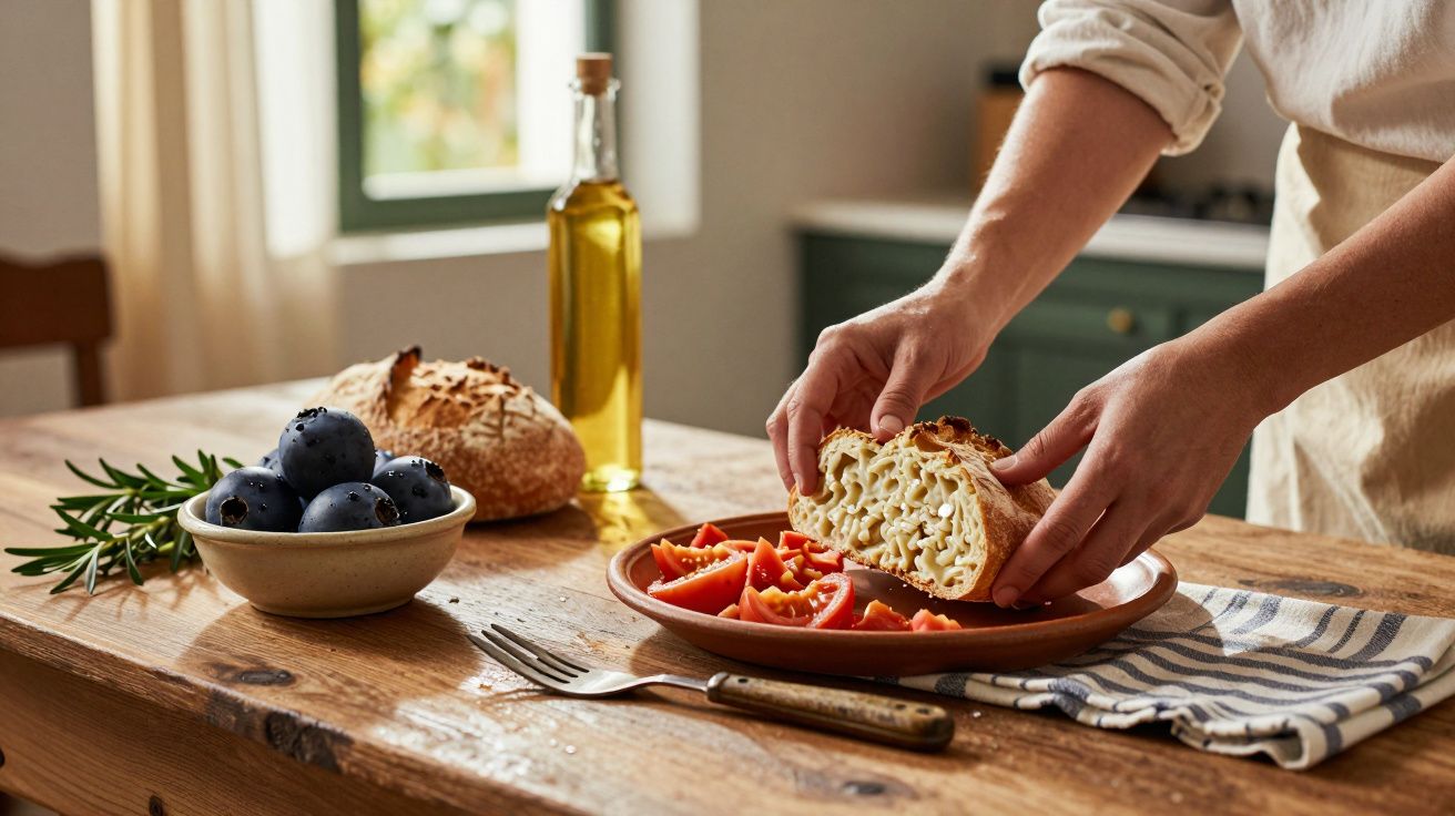 Pessoa a preparar uma refeição com pão e tomate numa cozinha rústica, com azeite e uma tigela de frutas ao lado.