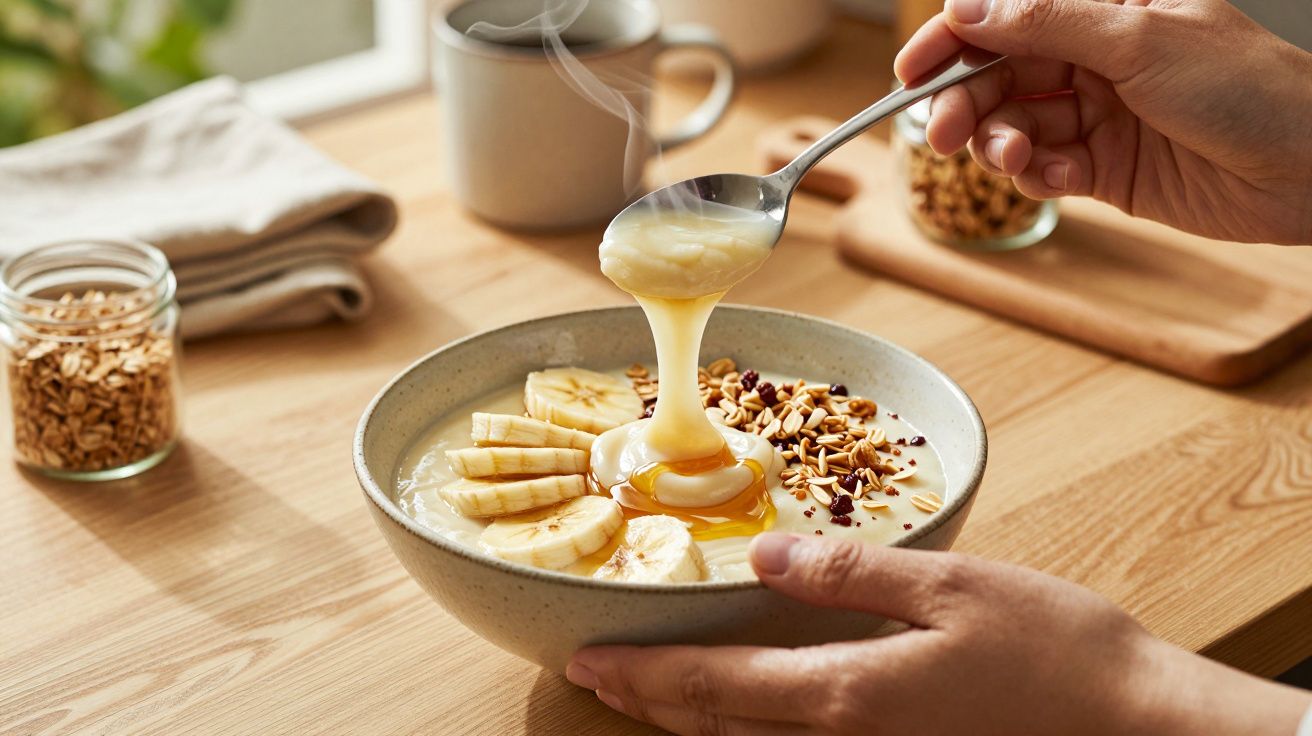 Tigela de iogurte com fatias de banana, mel e granola, sendo servido com uma colher em cima de uma mesa de madeira.