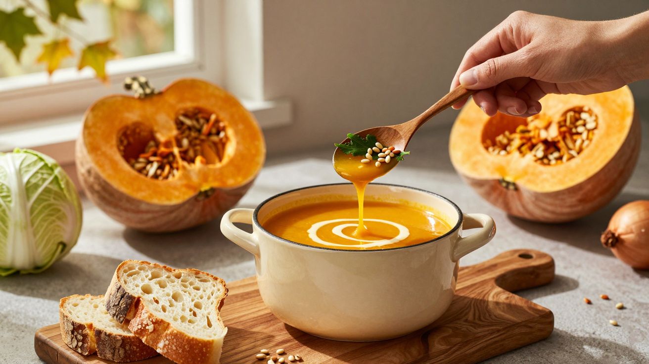 Sopa de abóbora num tacho, decorada com sementes; fatias de pão e abóbora cortada ao fundo.
