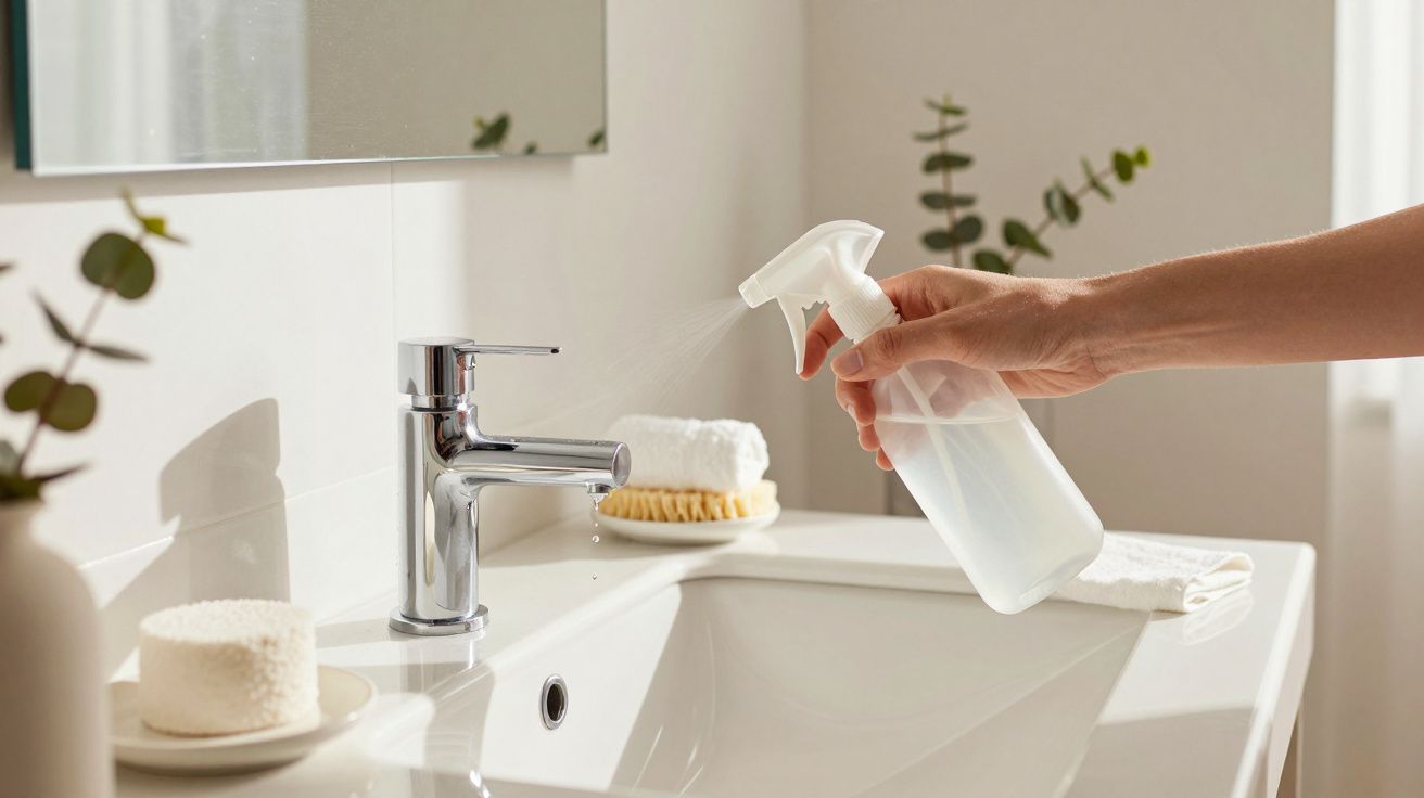 Mão a borrifar água numa torneira de casa de banho moderna, com plantas e toalha no fundo.