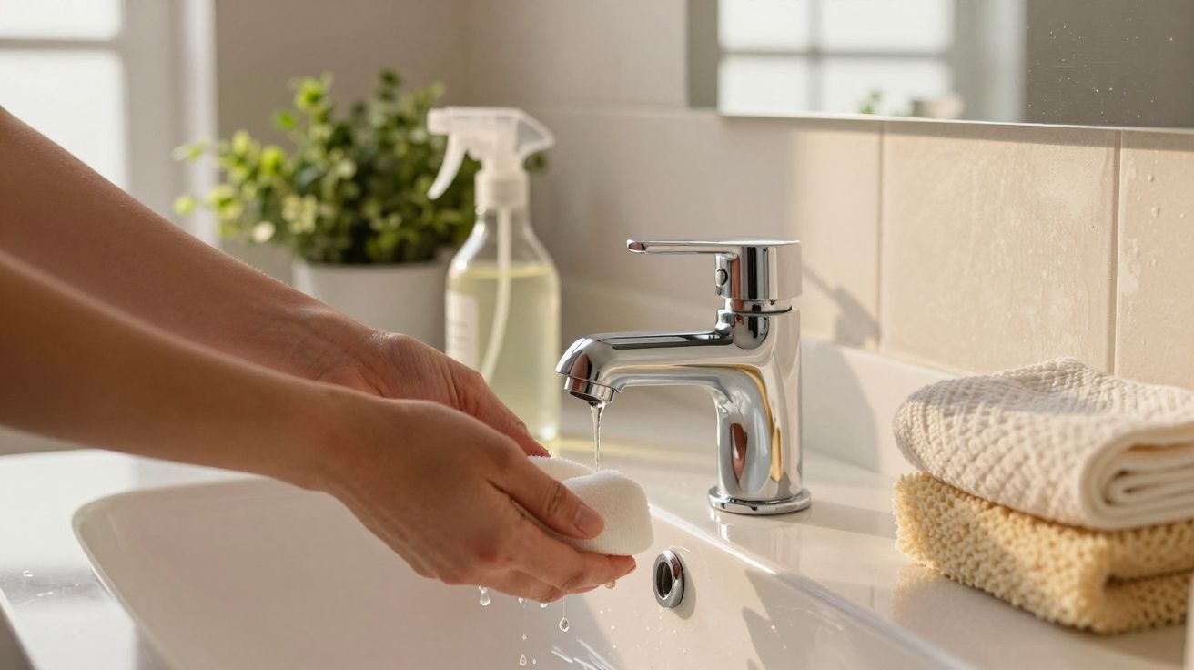 Mãos a lavar uma esponja sob uma torneira de água corrente, com toalhas e um spray de limpeza ao lado.