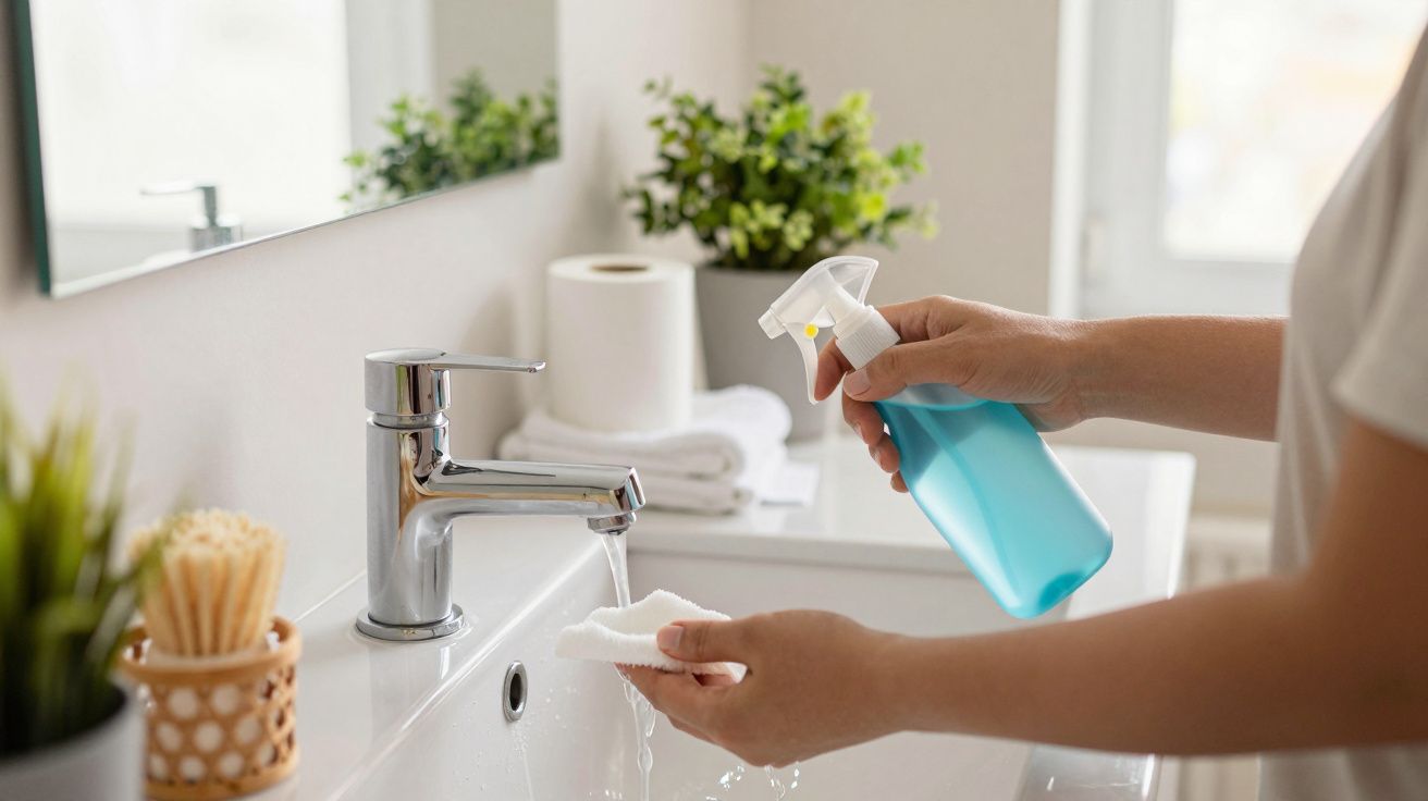 Pessoa a limpar lavatório com spray e pano branco, ao lado de torneira e plantas verdes. Ambiente de casa de banho.