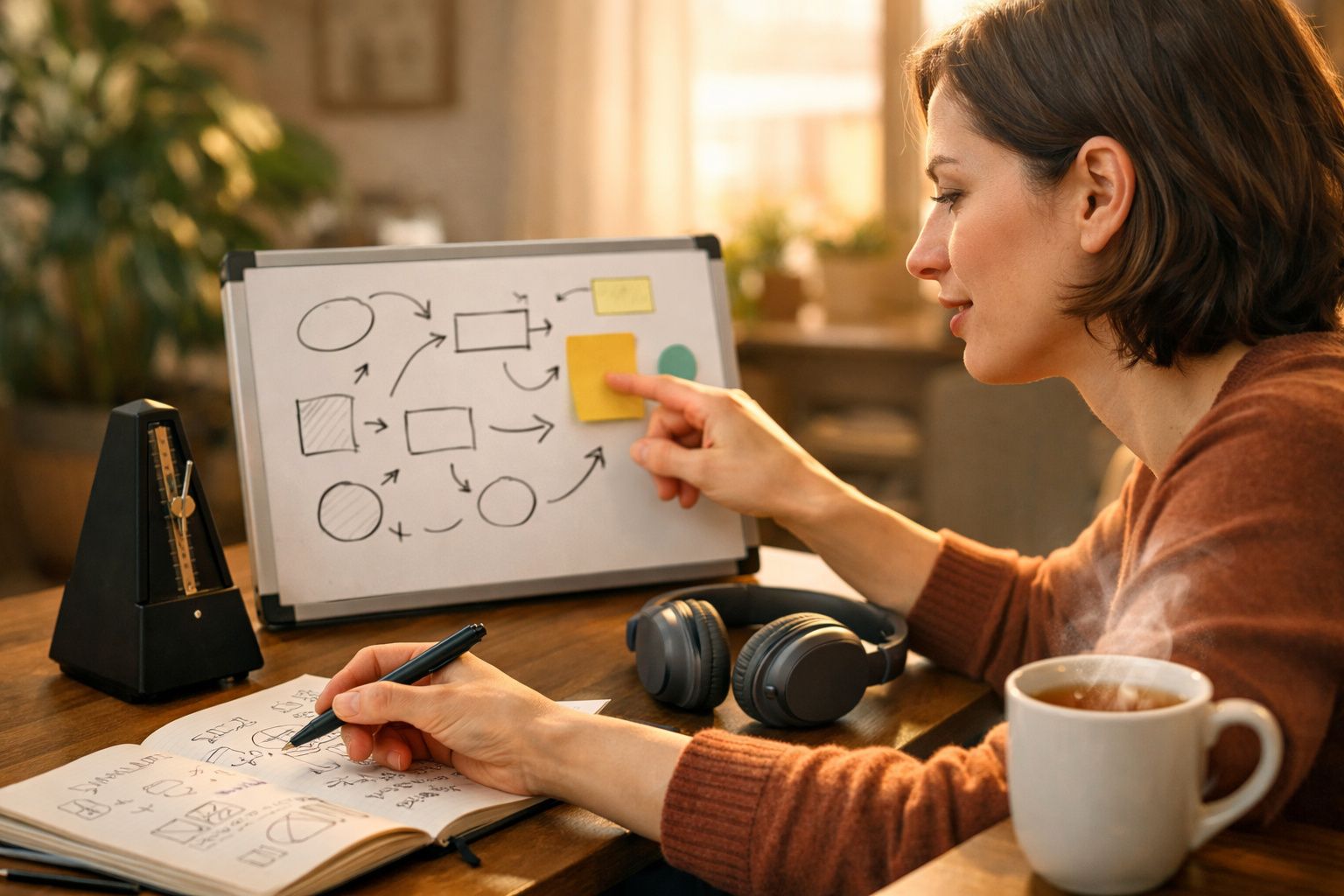 Jovem estudando em casa, sentado à mesa, escrevendo num caderno com plantas e livros ao fundo.