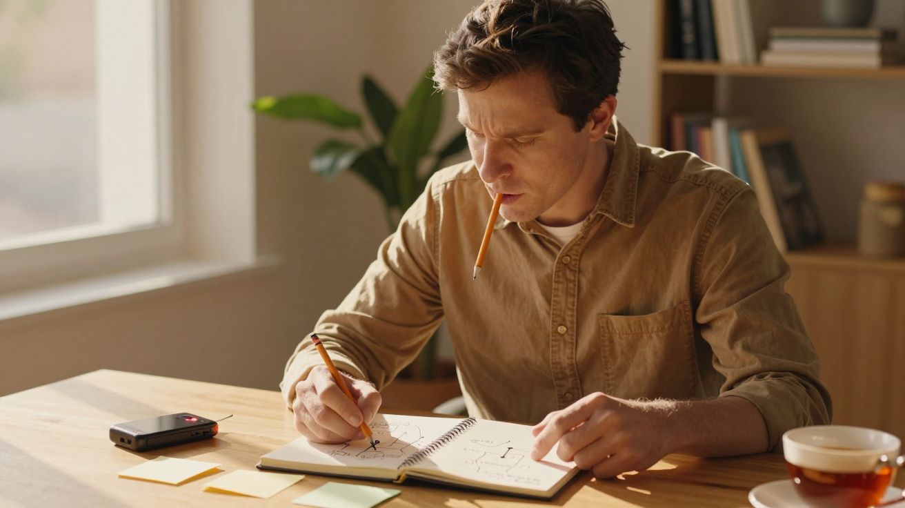 Homem concentrado escreve num caderno numa mesa, segurando um lápis na mão e outro na boca.