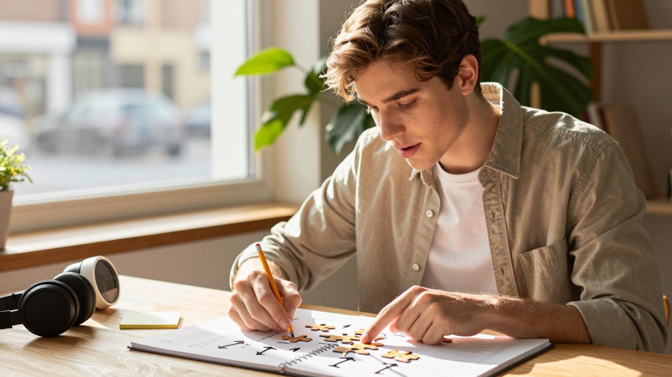 Jovem concentrado a resolver um puzzle de peças em casa, com fones e plantas ao fundo.
