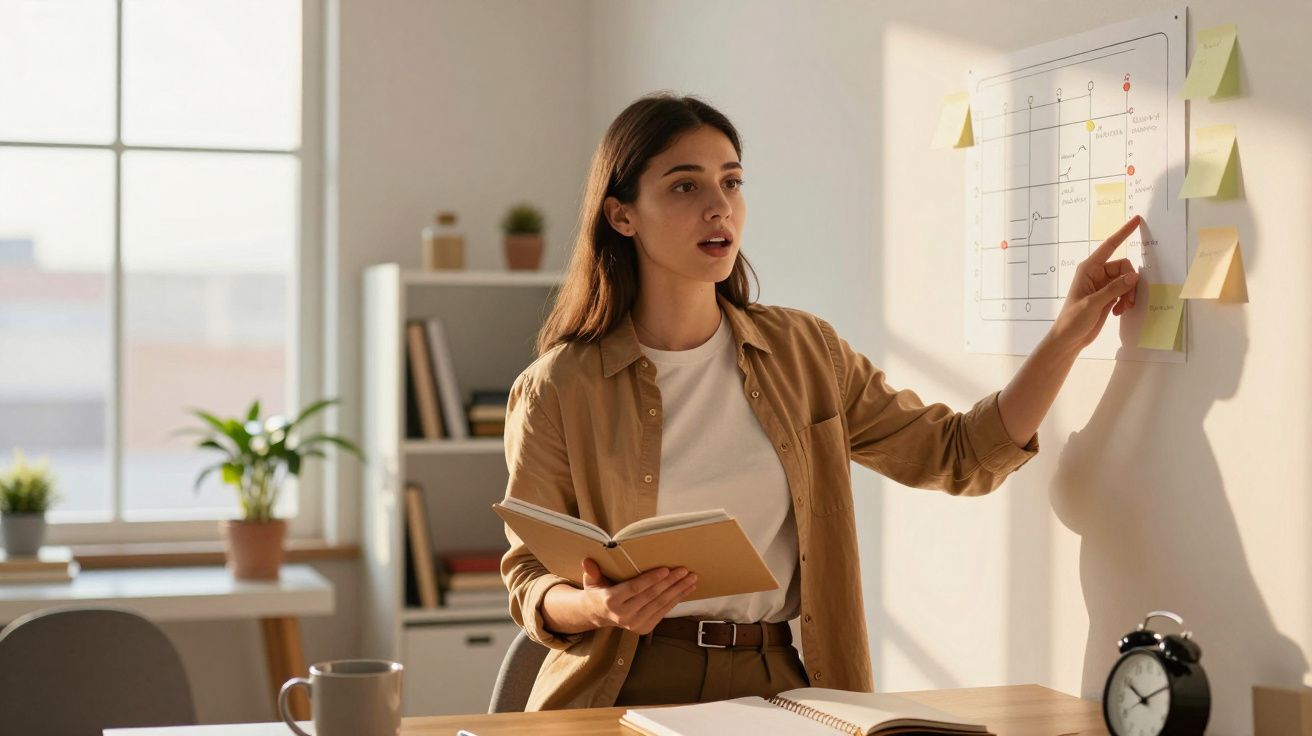 Mulher ao lado de um gráfico na parede, apontando e segurando um caderno, em ambiente de escritório iluminado.
