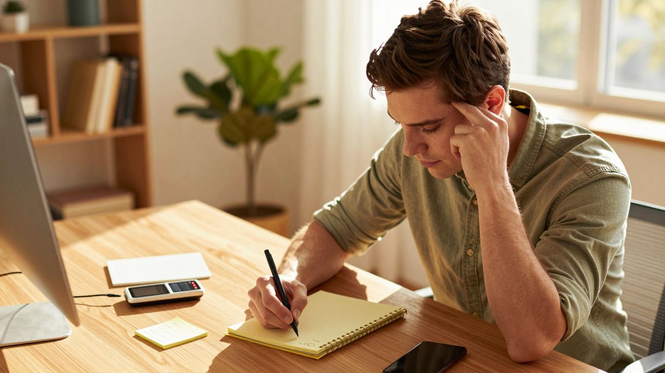 Jovem concentrado escreve num caderno, sentado à secretária, ao lado de um computador e smartphone, numa sala iluminada.