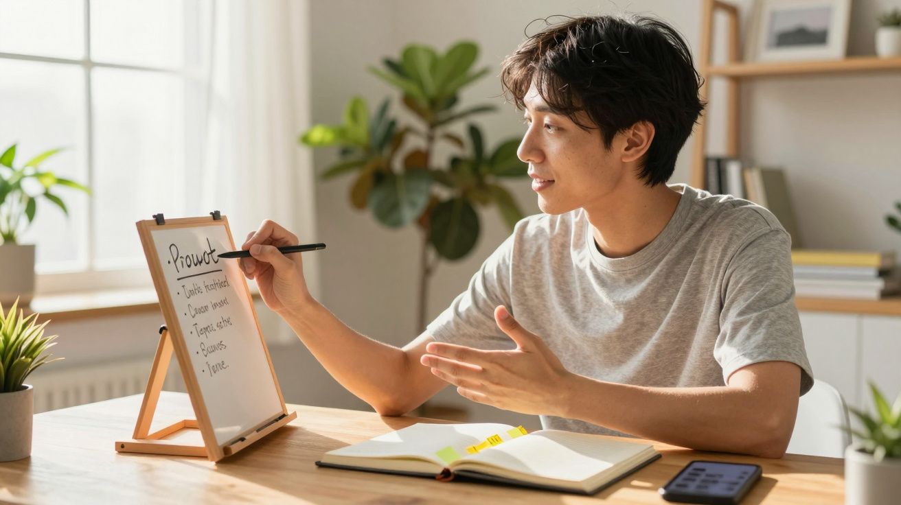 Jovem a apresentar num quadro branco numa sala iluminada, com um caderno e telemóvel sobre a mesa.