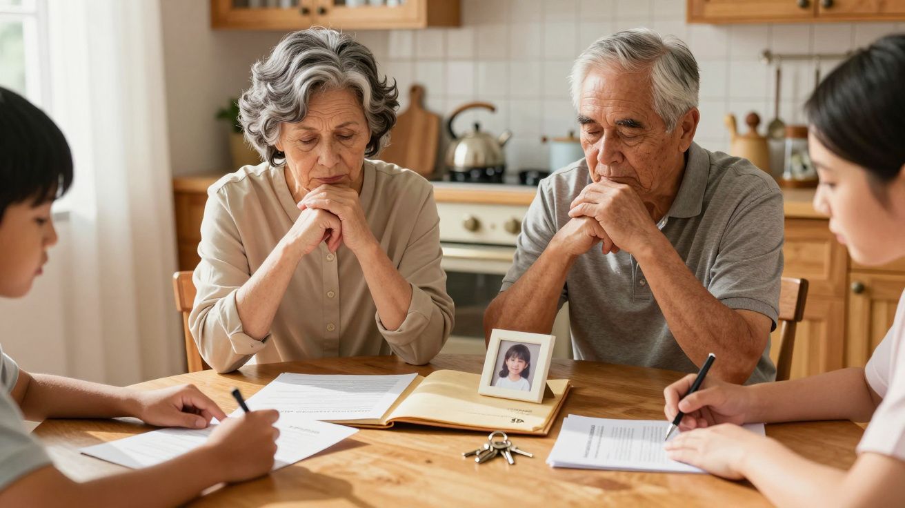 Idosos e jovens sentados à mesa com documentos e foto antiga, parecendo estar em discussão séria.