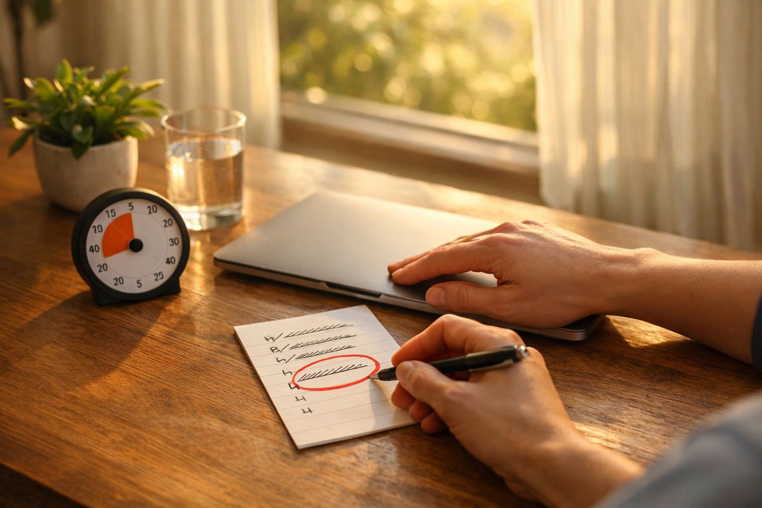 Pessoa escreve em papel numa secretária com caderno, ampulheta, relógio digital e planta ao lado.