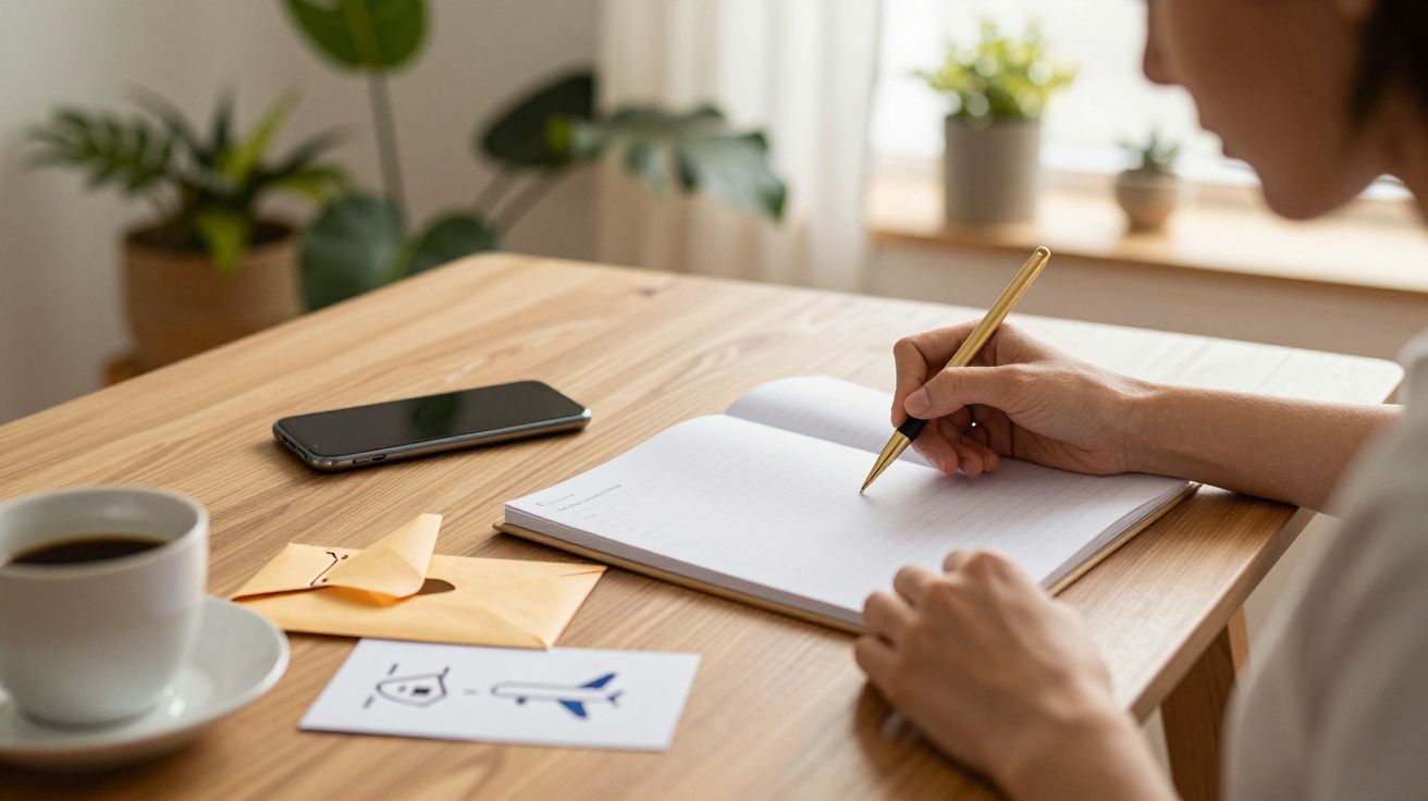Pessoa a escrever num caderno numa mesa de madeira, com um café, telemóvel e plantas ao fundo.