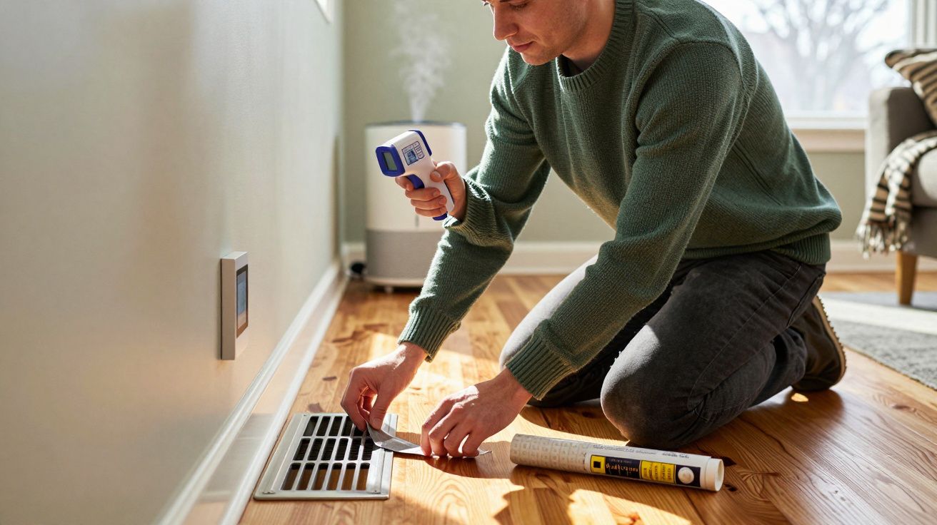Homem a segurar um termómetro digital verifica uma conduta de ventilação no chão de madeira numa casa iluminada.