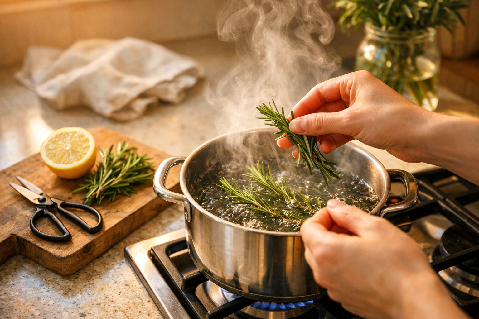 Pessoa adiciona alecrim a uma panela fumegante numa cozinha iluminada, com plantas e chávena ao fundo.