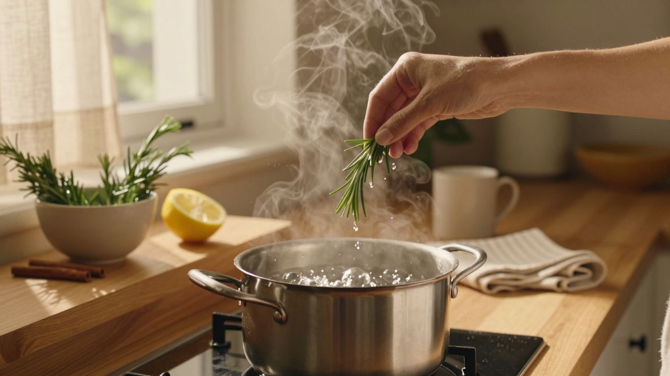 Mão adiciona alecrim a uma panela de água a ferver numa cozinha iluminada.