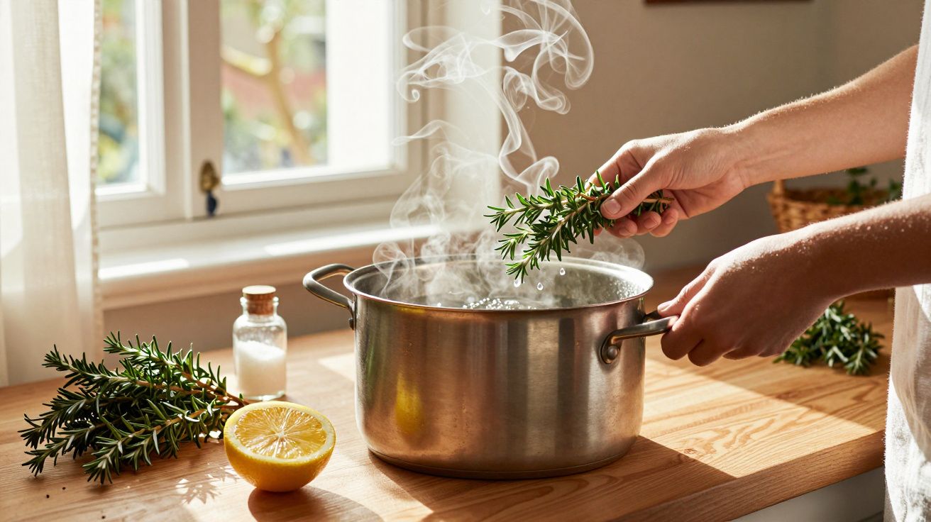 Pessoa adiciona alecrim a panela a ferver numa cozinha iluminada pelo sol, com limão e sal ao lado.