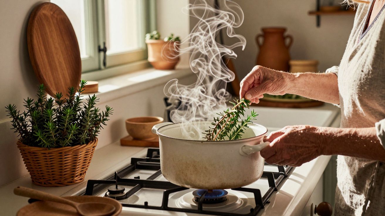 Pessoa cozinha à beira de uma janela, adicionando alecrim fresco a uma panela fumegante no fogão a gás.