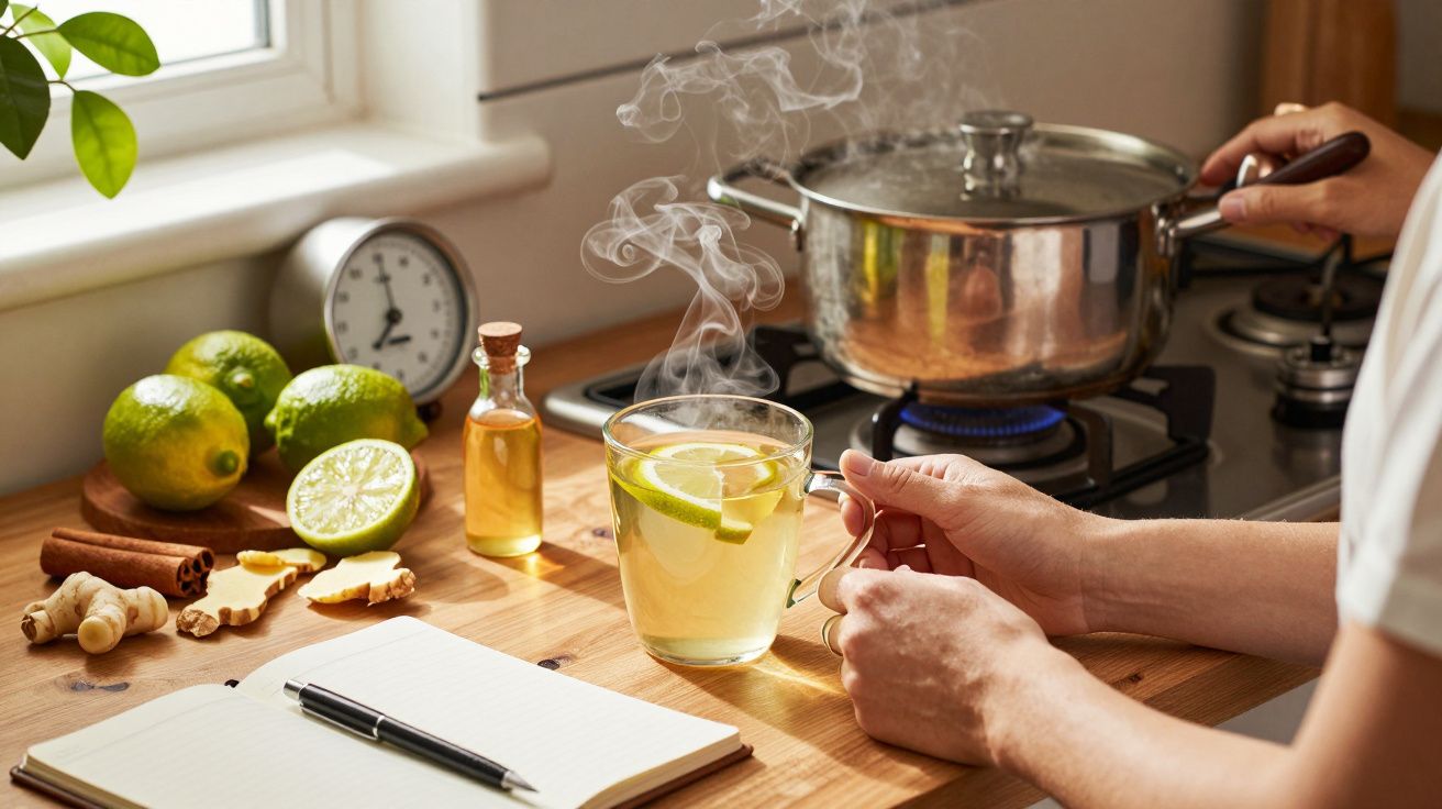 Pessoa segura bebida quente com fatias de limão numa cozinha, ao lado de ingredientes frescos e panela ao lume.