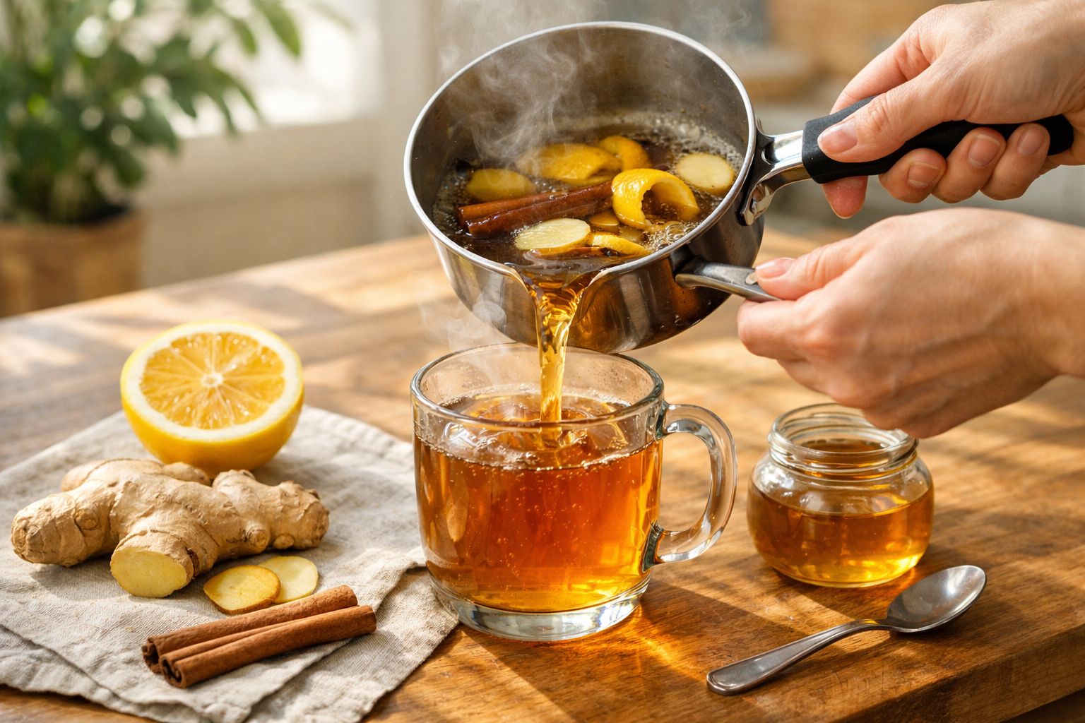 Pessoa a verter chá quente com limão e canela para uma chávena, com limões e gengibre numa mesa de cozinha.