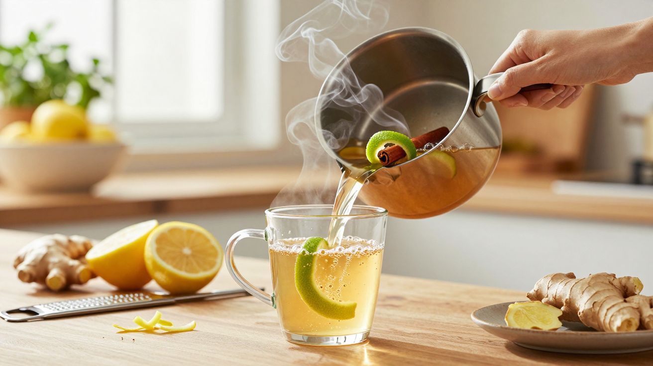 Mão vertendo chá quente com limão e canela numa caneca de vidro, sobre mesa com gengibre e limão ao fundo.