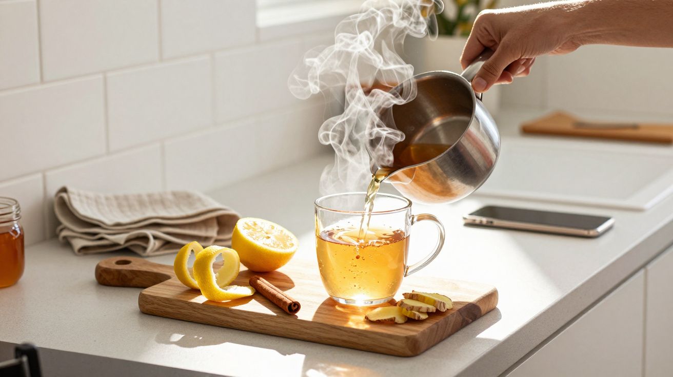 Chá quente a ser vertido numa caneca, com limão, gengibre e canela sobre a tábua na cozinha iluminada.